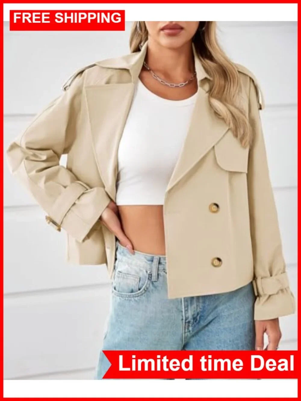 Cropped Trench Coat Oversized Double Breasted Lapel Short Jacket
